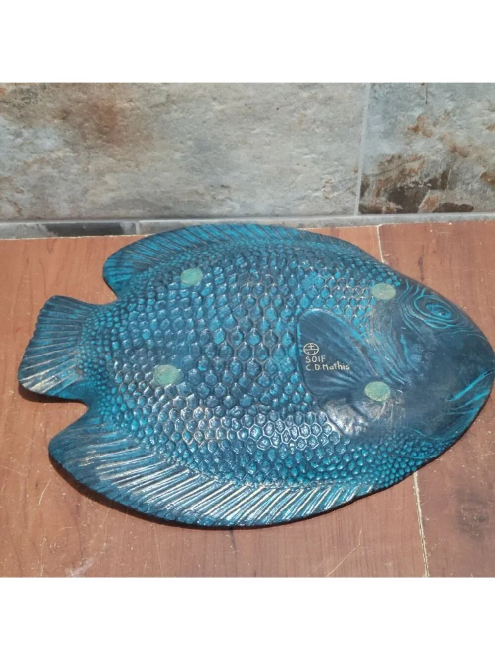 Iridescent Glass Parrotfish Decorative Tray Signed SOIF CD Mathis Large Serving